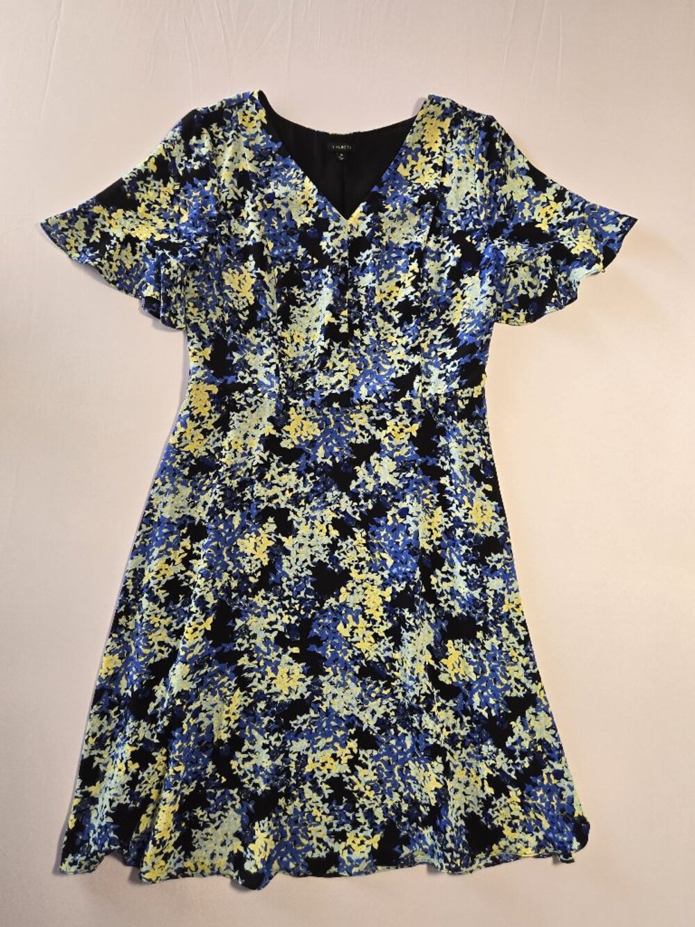 Talbots Floral Flutter Sleeve Dress Size 10 Blue Yellow Black V-Neck A-line